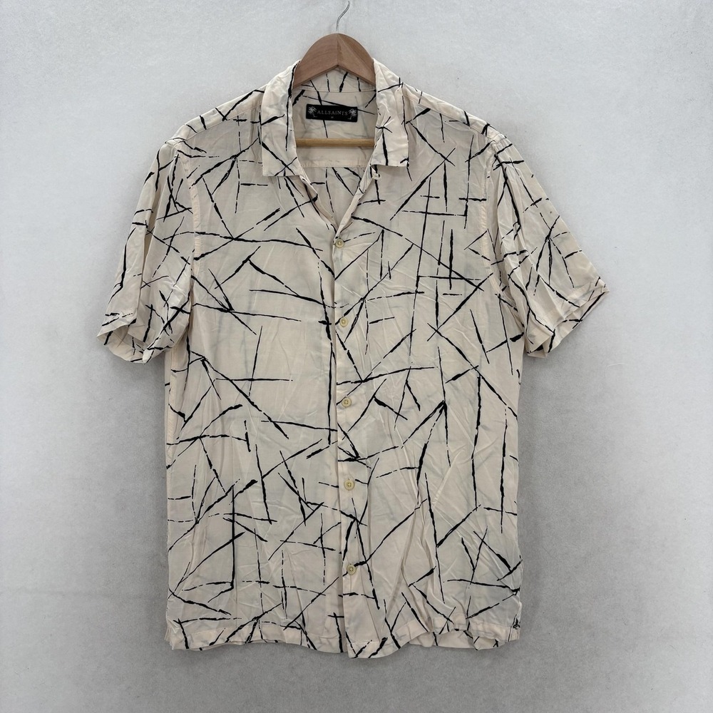 AllSaints Burma SS Shirt Mens Medium Beige Geometric Short Sleeve Button Up Camp